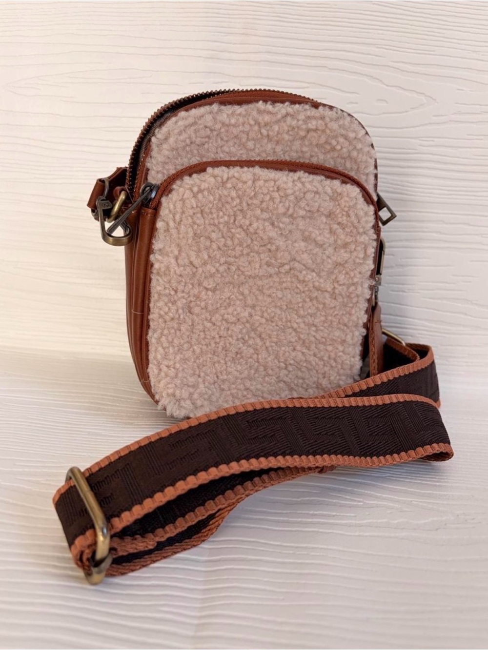Cozy Sherpa Crossbody Bag in Cream and Brown